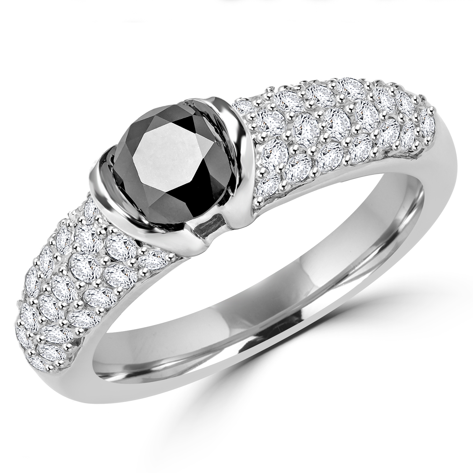 1 33 CT BLACK ROUND DIAMOND COCKTAIL  RING  14K WHITE GOLD 